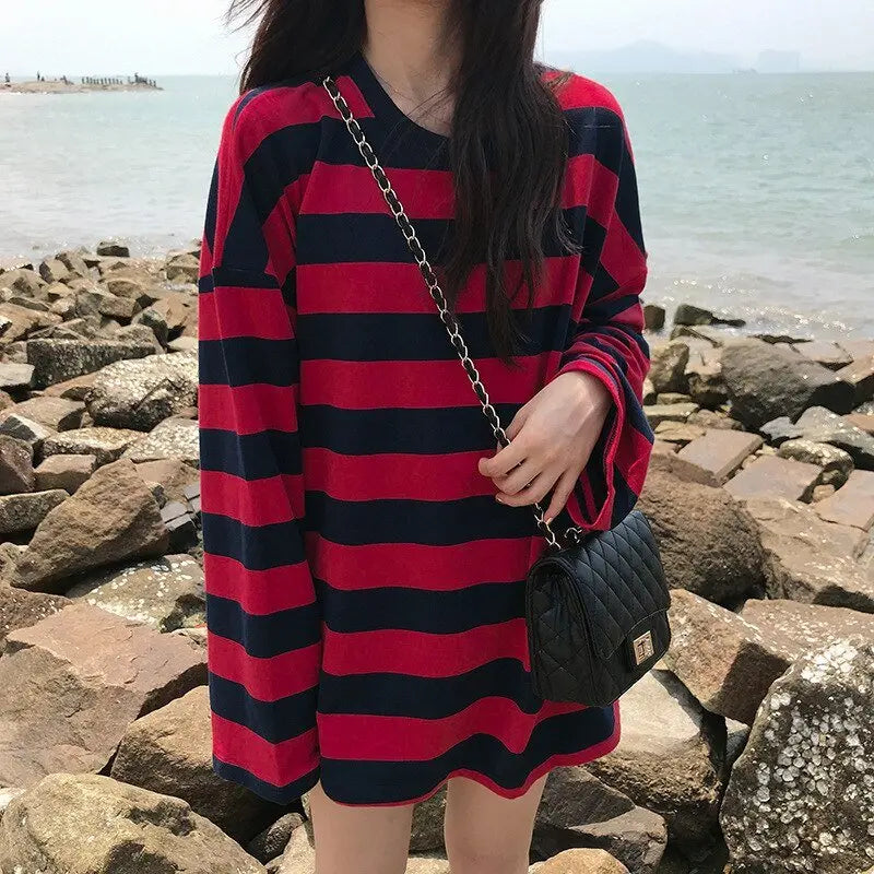 Striped Shirt Blouse Harajuku Couple Tops Woman T-Shirt Spring Long Sleeve Gothic Shirts - Blade & Thread