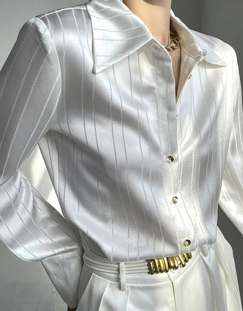 Striped Shirts Spring Long Sleeve Single-breasted Female Satin Blouses - Blade & Thread