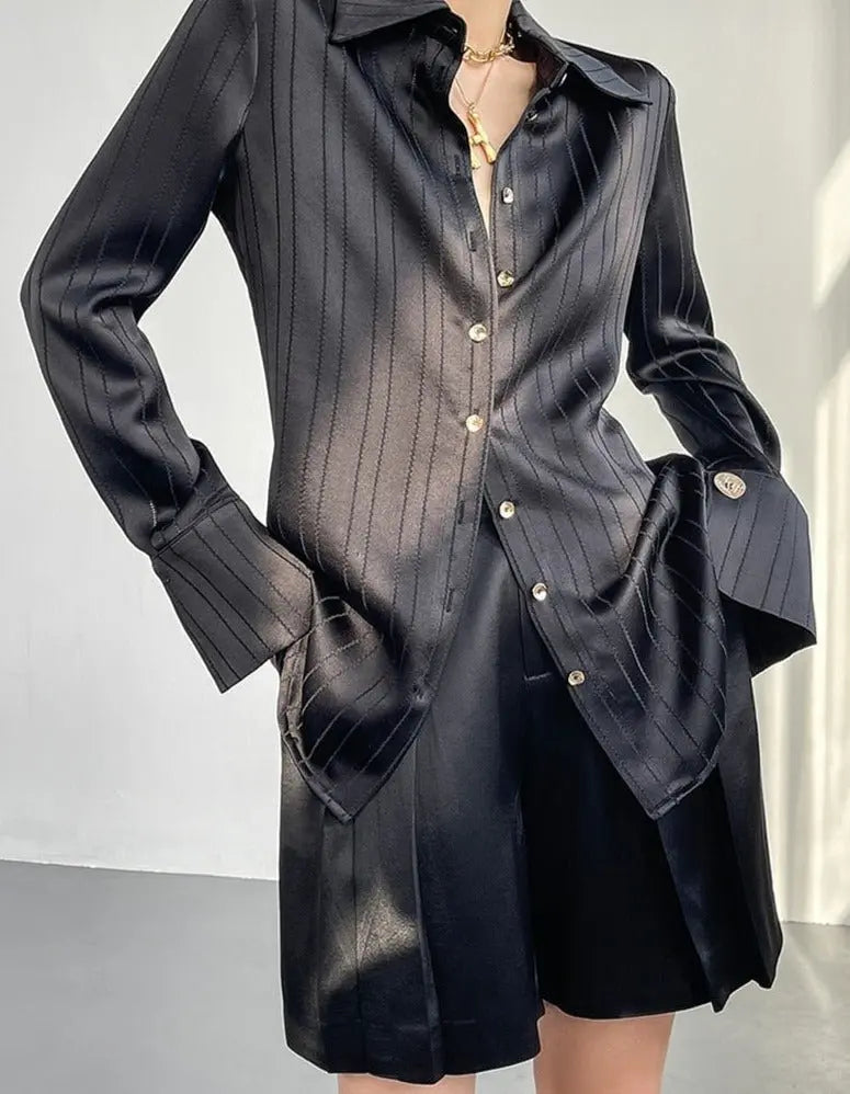 Striped Shirts Spring Long Sleeve Single-breasted Female Satin Blouses nowadaysfashion