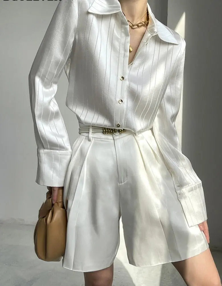 Striped Shirts Spring Long Sleeve Single-breasted Female Satin Blouses - Blade & Thread