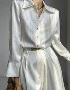 Striped Shirts Spring Long Sleeve Single-breasted Female Satin Blouses nowadaysfashion