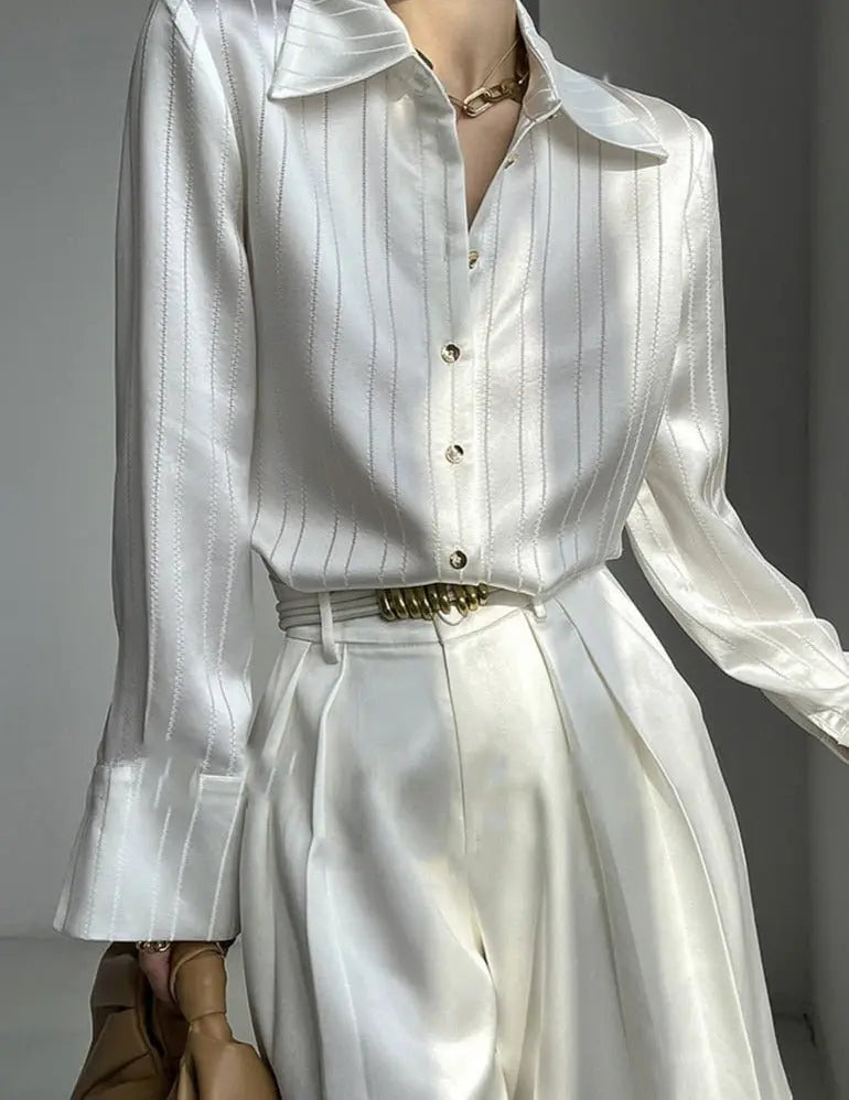 Striped Shirts Spring Long Sleeve Single-breasted Female Satin Blouses - Blade & Thread