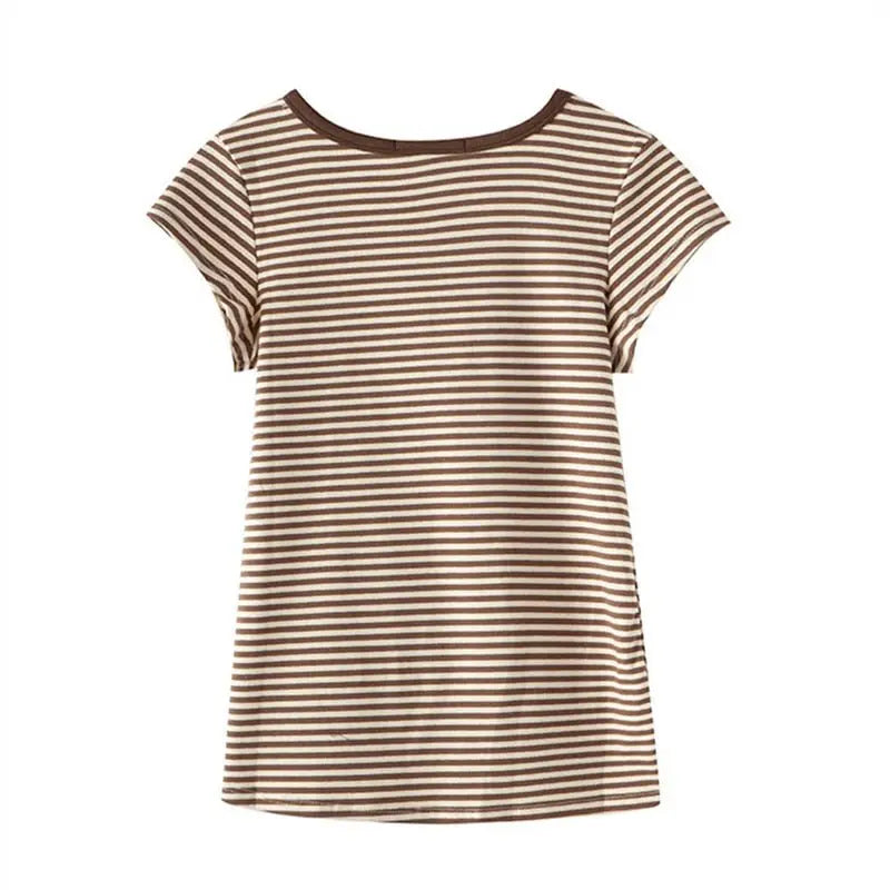 Striped Soft Cotton T-shirt 2022 Summer Fashion Slim O Neck Streetwear Tees Women Chic Tops - Blade & Thread