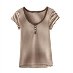 Striped Soft Cotton T-shirt 2022 Summer Fashion Slim O Neck Streetwear Tees Women Chic Tops nowadaysfashion