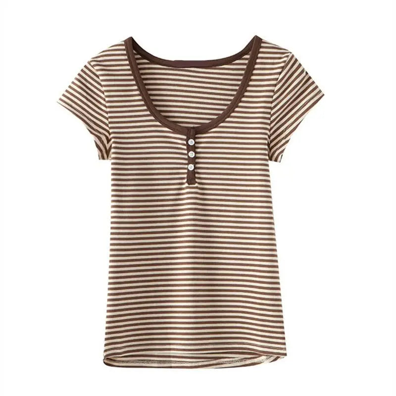 Striped Soft Cotton T-shirt 2022 Summer Fashion Slim O Neck Streetwear Tees Women Chic Tops - Blade & Thread
