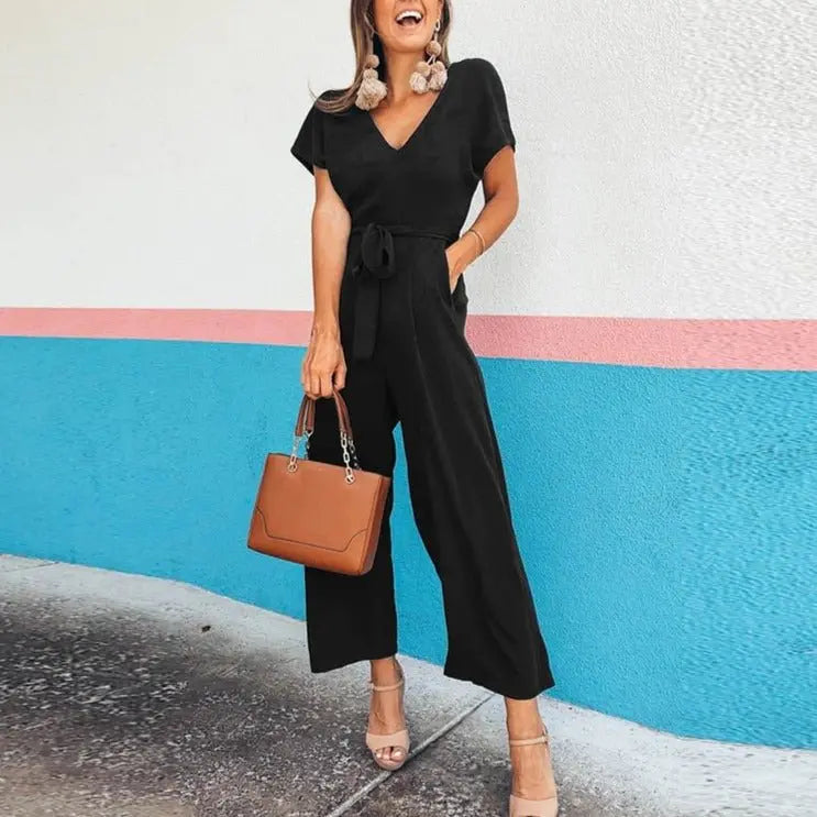 Summer 2022 Streetwear V-neck Jumpsuit Beach Elegant Party One Piece Black Rompers nowadaysfashion