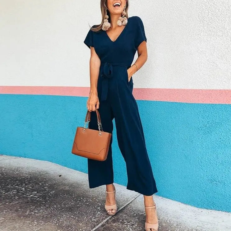 Summer 2022 Streetwear V-neck Jumpsuit Beach Elegant Party One Piece Black Rompers - Blade & Thread