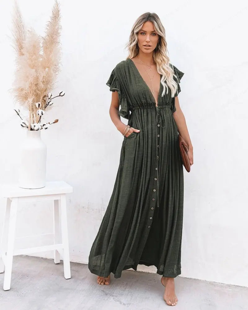 Summer Beach Maxi Dress Women Boho Long Bikini Cover Up High Waist Casual V-Neck Dresses - Blade & Thread