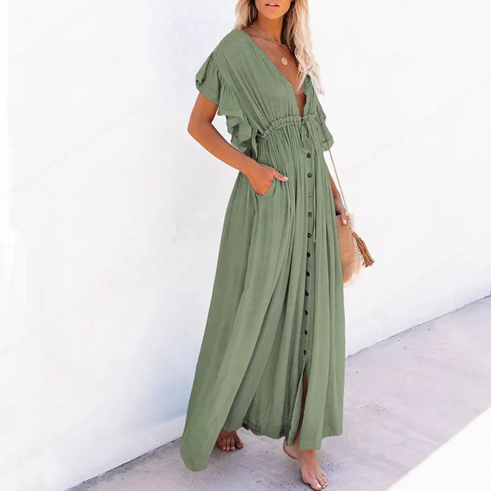 Summer Beach Maxi Dress Women Boho Long Bikini Cover Up High Waist Casual V-Neck Dresses nowadaysfashion