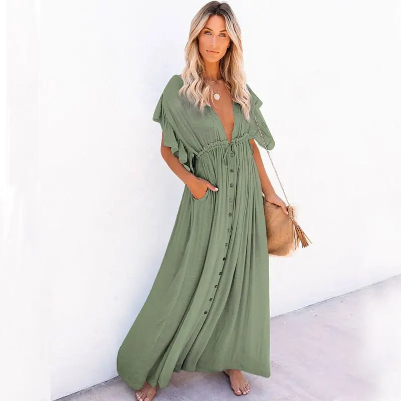 Summer Beach Maxi Dress Women Boho Long Bikini Cover Up High Waist Casual V-Neck Dresses - Blade & Thread