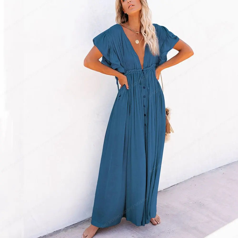 Summer Beach Maxi Dress Women Boho Long Bikini Cover Up High Waist Casual V-Neck Dresses nowadaysfashion