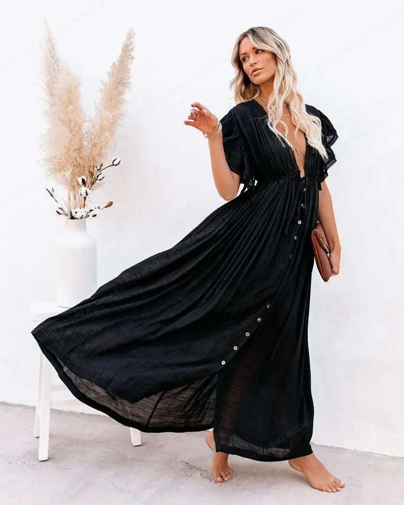 Summer Beach Maxi Dress Women Boho Long Bikini Cover Up High Waist Casual V-Neck Dresses - Blade & Thread
