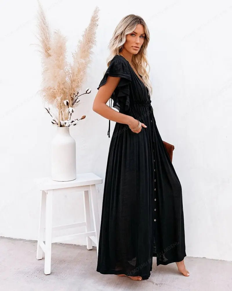 Summer Beach Maxi Dress Women Boho Long Bikini Cover Up High Waist Casual V-Neck Dresses - Blade & Thread