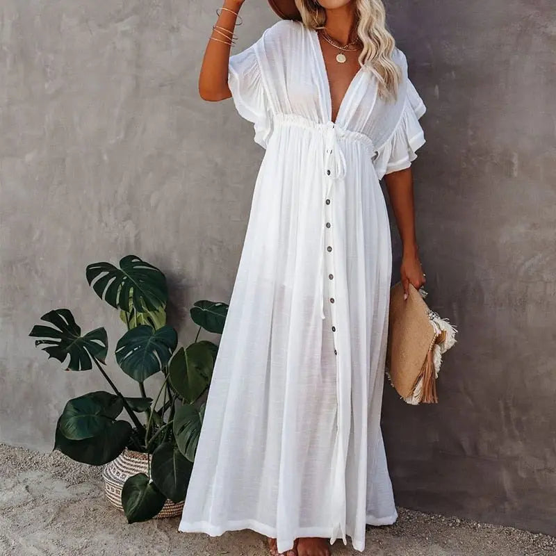 Summer Beach Maxi Dress Women Boho Long Bikini Cover Up High Waist Casual V-Neck Dresses - Blade & Thread