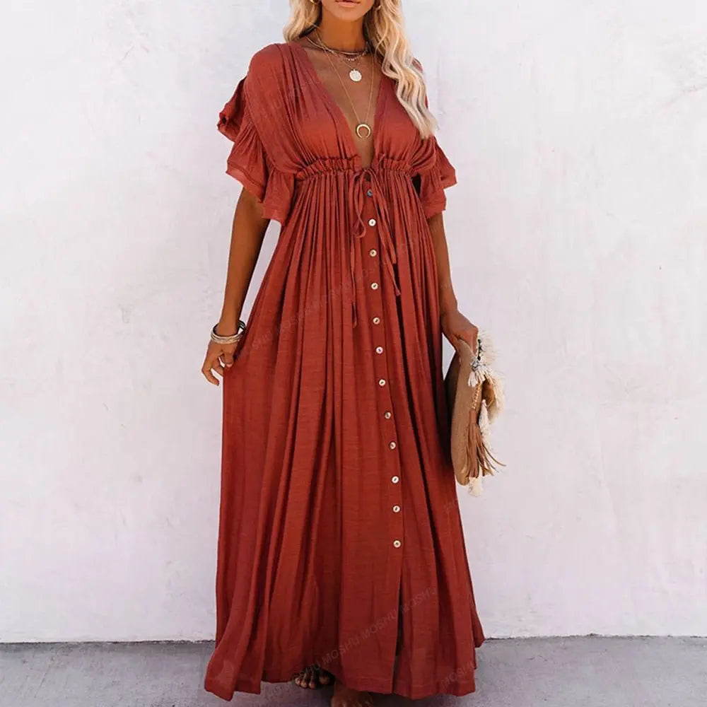 Summer Beach Maxi Dress Women Boho Long Bikini Cover Up High Waist Casual V-Neck Dresses nowadaysfashion