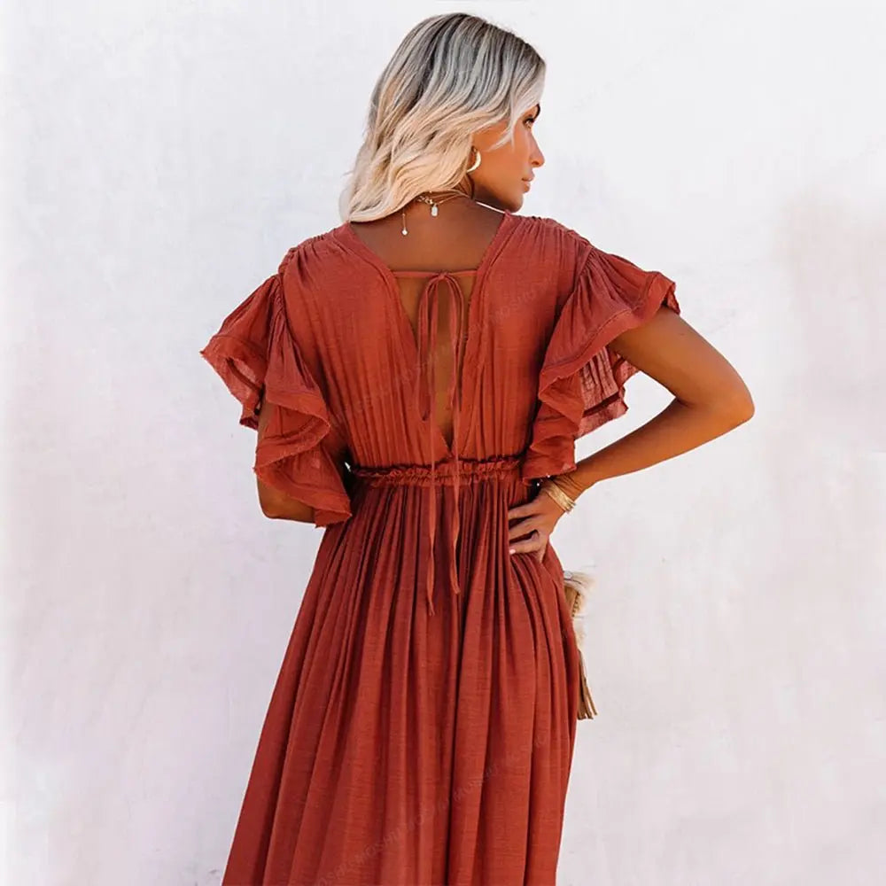 Summer Beach Maxi Dress Women Boho Long Bikini Cover Up High Waist Casual V-Neck Dresses - Blade & Thread