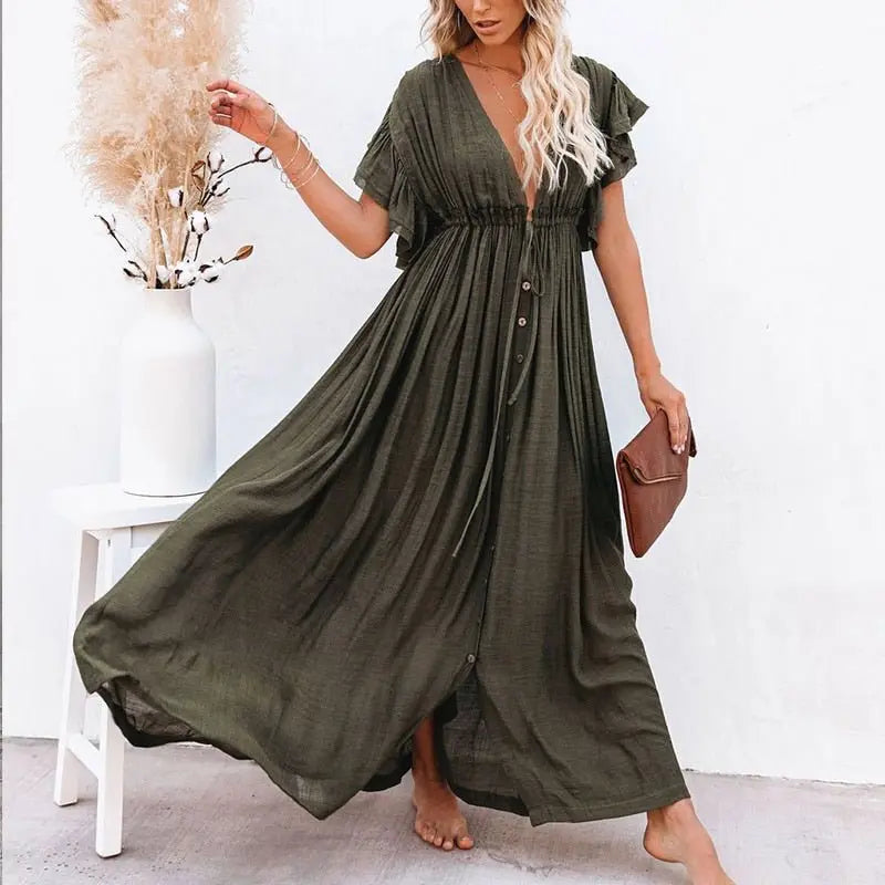Summer Beach Maxi Dress Women Boho Long Bikini Cover Up High Waist Casual V-Neck Dresses - Blade & Thread