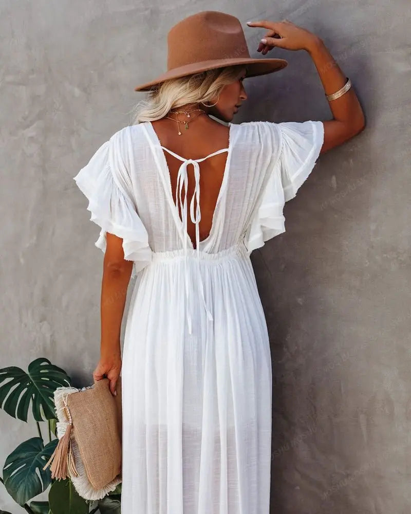 Summer Beach Maxi Dress Women Boho Long Bikini Cover Up High Waist Casual V-Neck Dresses - Blade & Thread