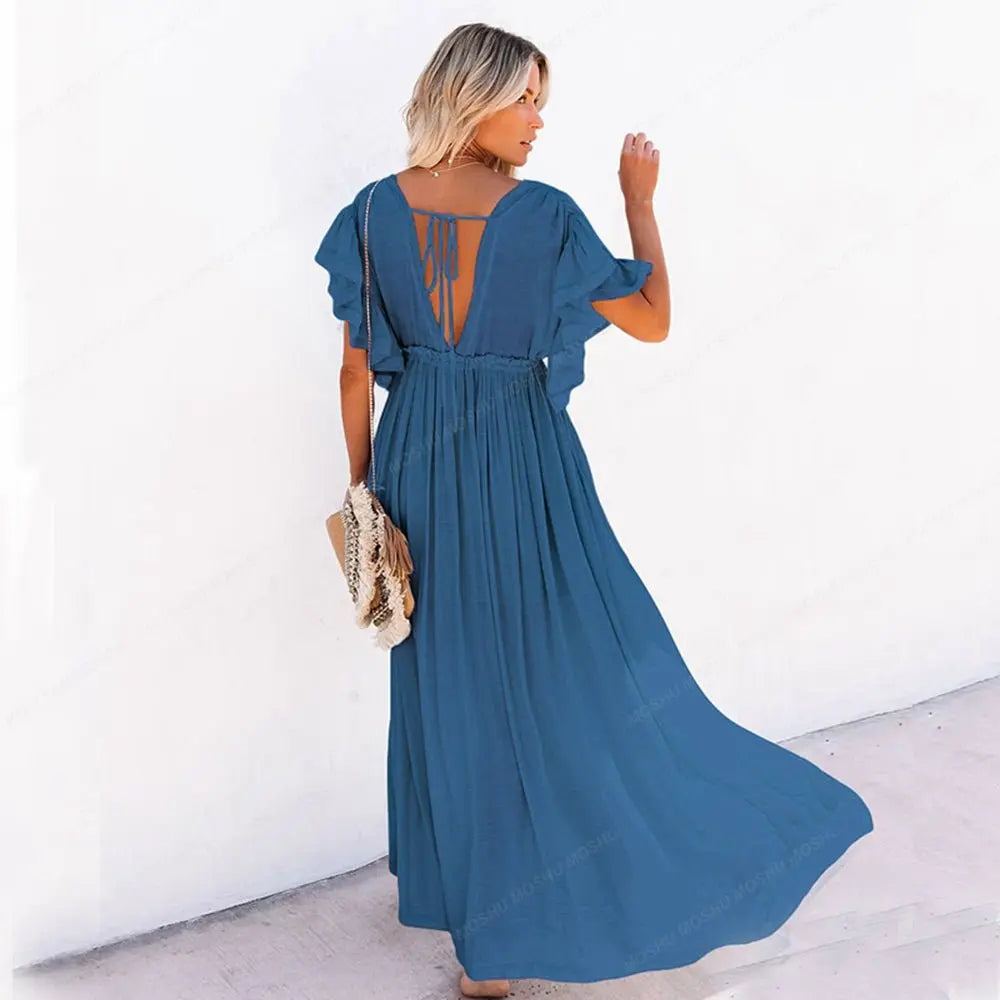 Summer Beach Maxi Dress Women Boho Long Bikini Cover Up High Waist Casual V-Neck Dresses - Blade & Thread