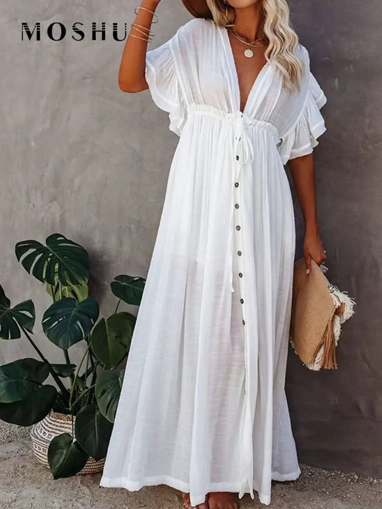 Summer Beach Maxi Dress Women Boho Long Bikini Cover Up High Waist Casual V-Neck Dresses - Blade & Thread