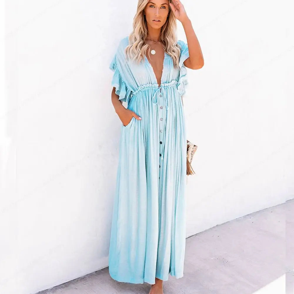 Summer Beach Maxi Dress Women Boho Long Bikini Cover Up High Waist Casual V-Neck Dresses nowadaysfashion