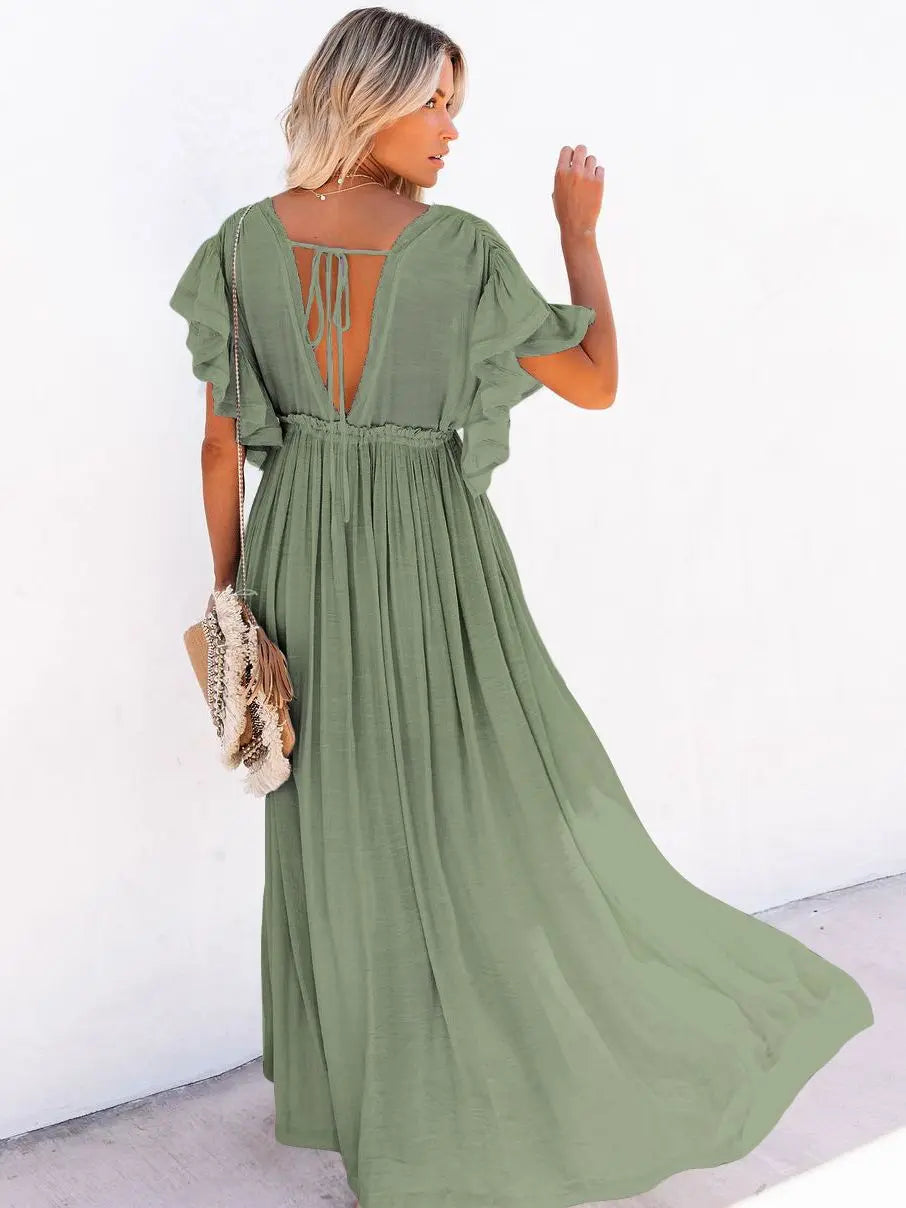 Summer Beach Maxi Dress Women Boho Long Bikini Cover Up High Waist Casual V-Neck Dresses - Blade & Thread