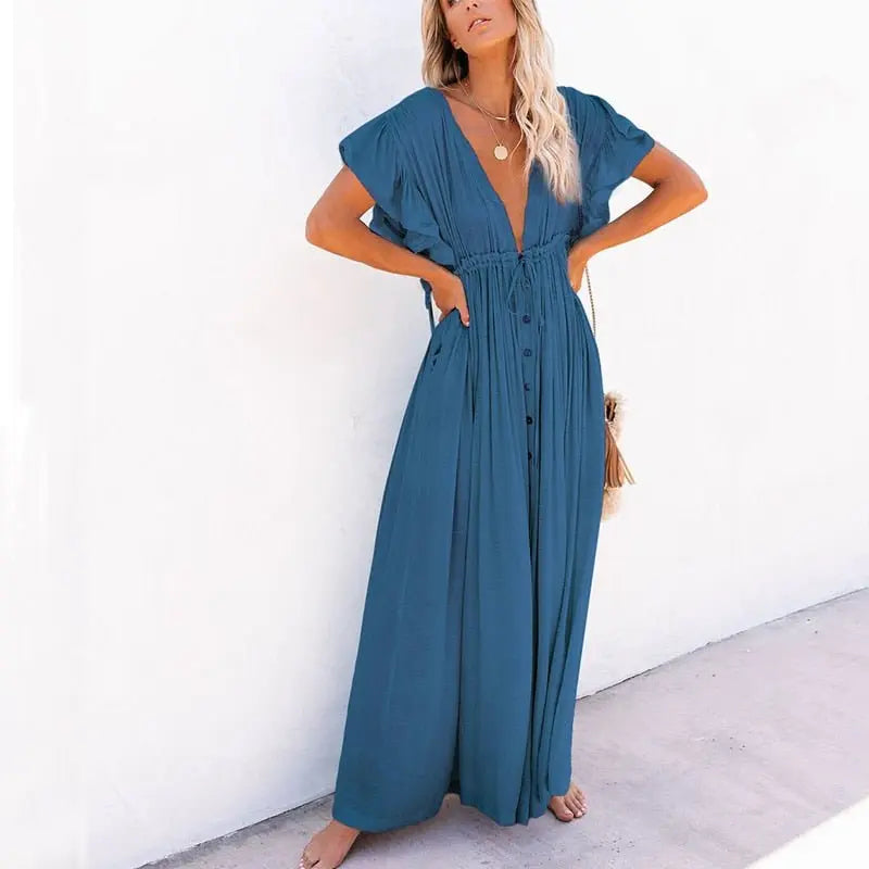 Summer Beach Maxi Dress Women Boho Long Bikini Cover Up High Waist Casual V-Neck Dresses - Blade & Thread
