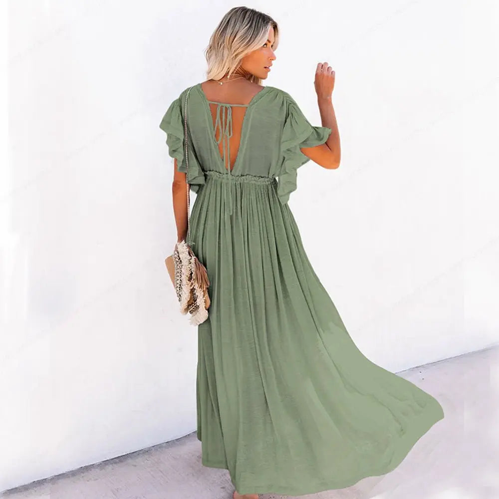 Summer Beach Maxi Dress Women Boho Long Bikini Cover Up High Waist Casual V-Neck Dresses nowadaysfashion