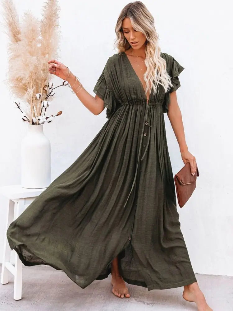 Summer Beach Maxi Dress Women Boho Long Bikini Cover Up High Waist Casual V-Neck Dresses nowadaysfashion