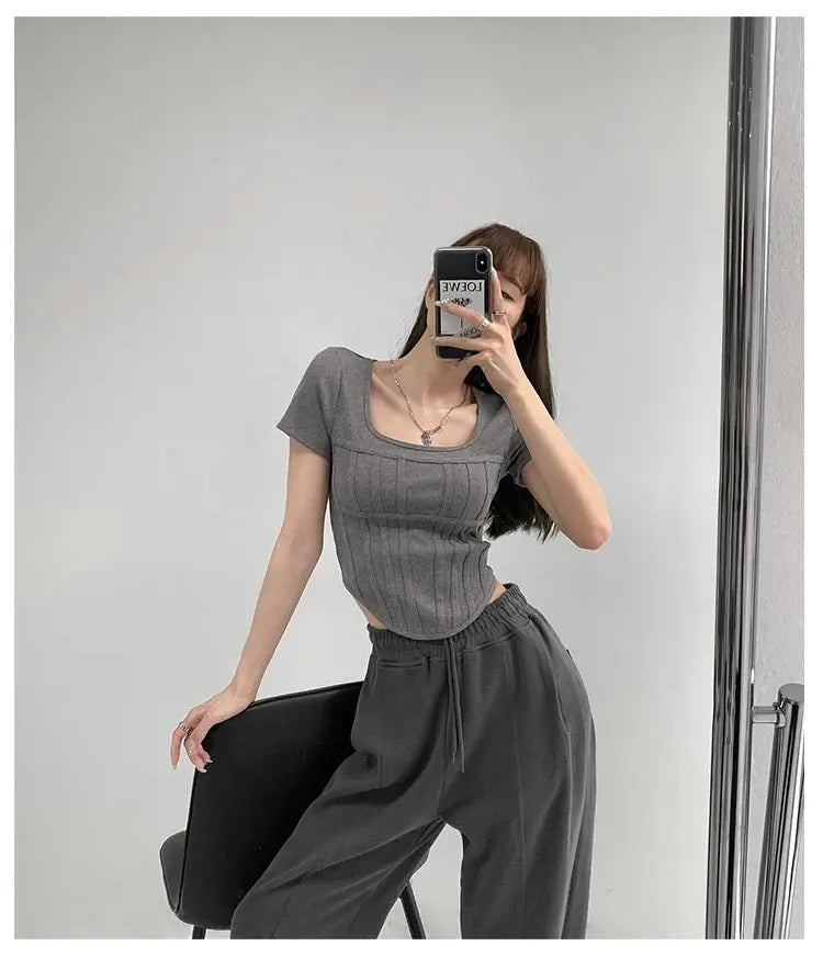 Summer Bright Line White T-shirt Women Slim Square Neck Short Sleeve Cropped Tops Female - Blade & Thread