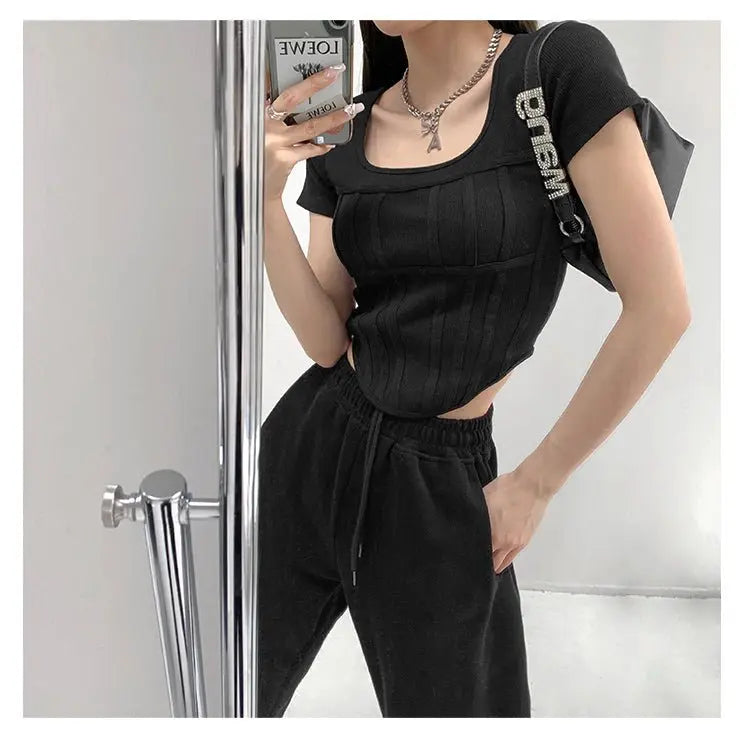 Summer Bright Line White T-shirt Women Slim Square Neck Short Sleeve Cropped Tops Female nowadaysfashion