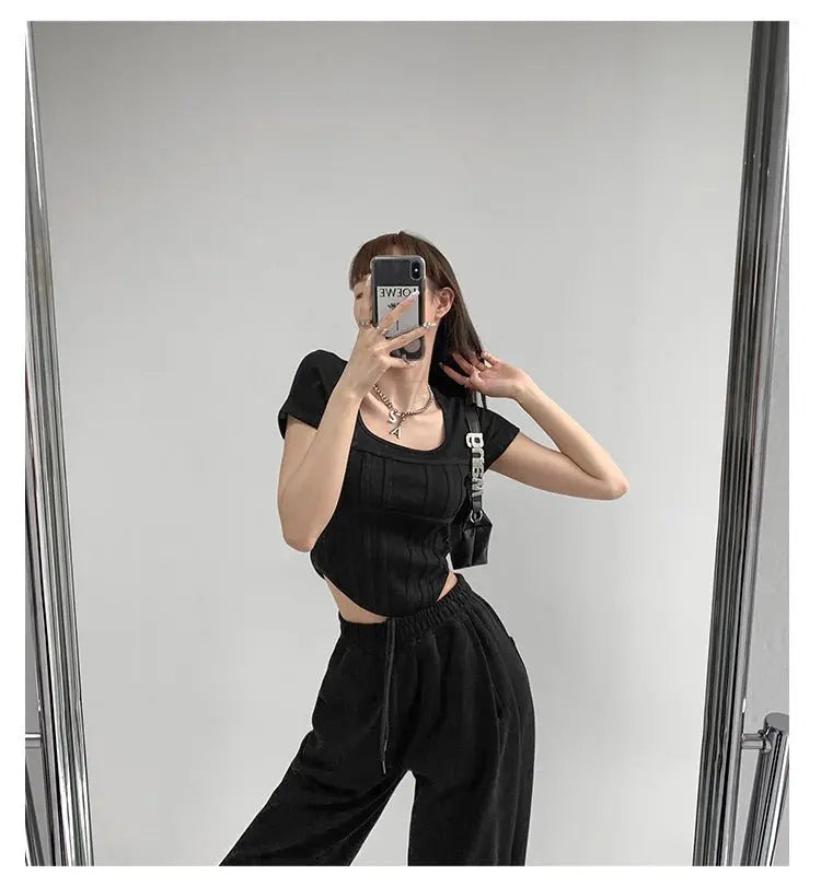 Summer Bright Line White T-shirt Women Slim Square Neck Short Sleeve Cropped Tops Female - Blade & Thread