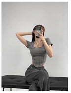 Summer Bright Line White T-shirt Women Slim Square Neck Short Sleeve Cropped Tops Female nowadaysfashion