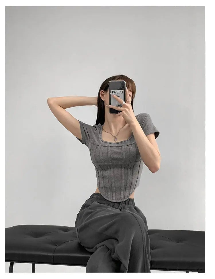 Summer Bright Line White T-shirt Women Slim Square Neck Short Sleeve Cropped Tops Female - Blade & Thread