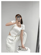 Summer Bright Line White T-shirt Women Slim Square Neck Short Sleeve Cropped Tops Female nowadaysfashion