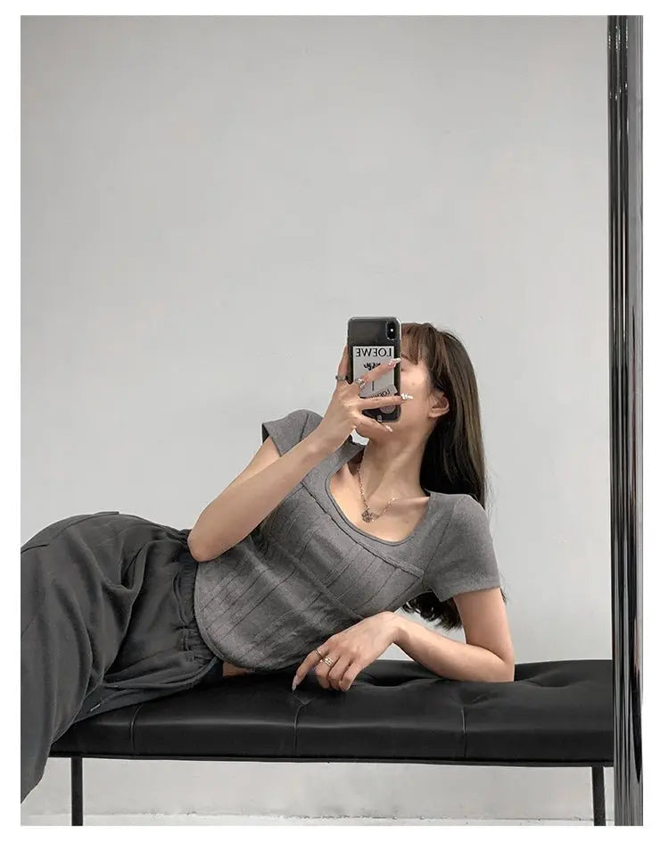 Summer Bright Line White T-shirt Women Slim Square Neck Short Sleeve Cropped Tops Female - Blade & Thread