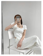 Summer Bright Line White T-shirt Women Slim Square Neck Short Sleeve Cropped Tops Female nowadaysfashion