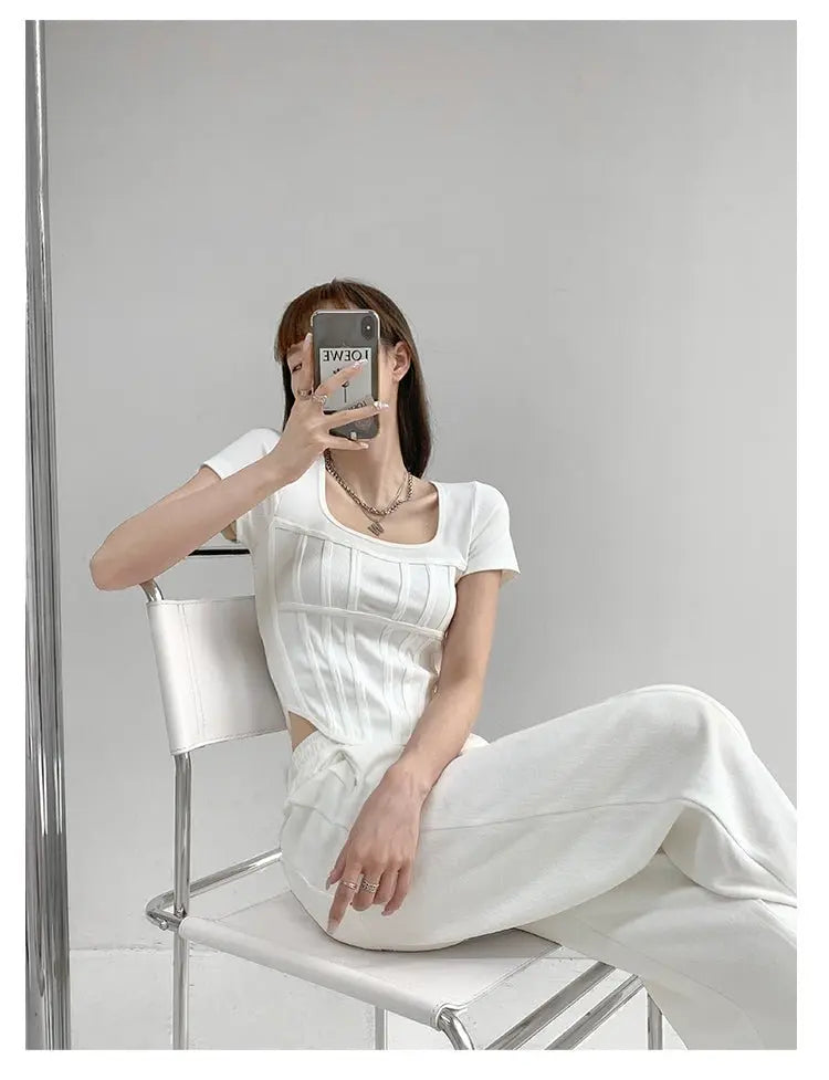 Summer Bright Line White T-shirt Women Slim Square Neck Short Sleeve Cropped Tops Female nowadaysfashion