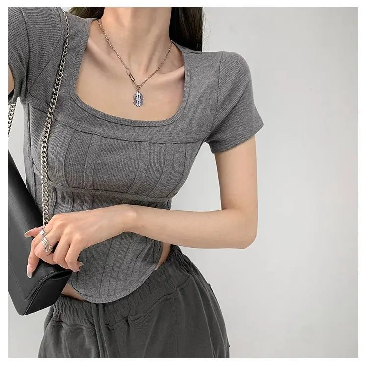 Summer Bright Line White T-shirt Women Slim Square Neck Short Sleeve Cropped Tops Female - Blade & Thread