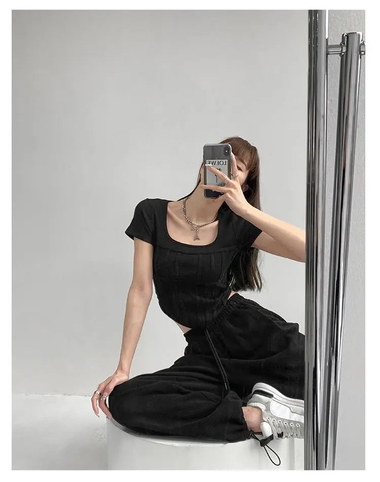Summer Bright Line White T-shirt Women Slim Square Neck Short Sleeve Cropped Tops Female - Blade & Thread