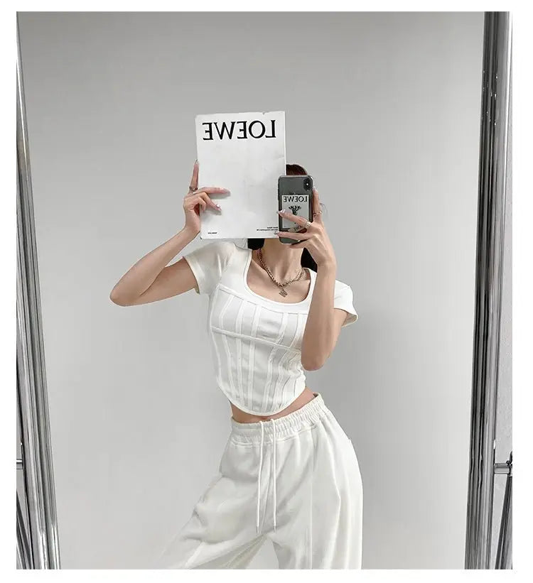 Summer Bright Line White T-shirt Women Slim Square Neck Short Sleeve Cropped Tops Female - Blade & Thread