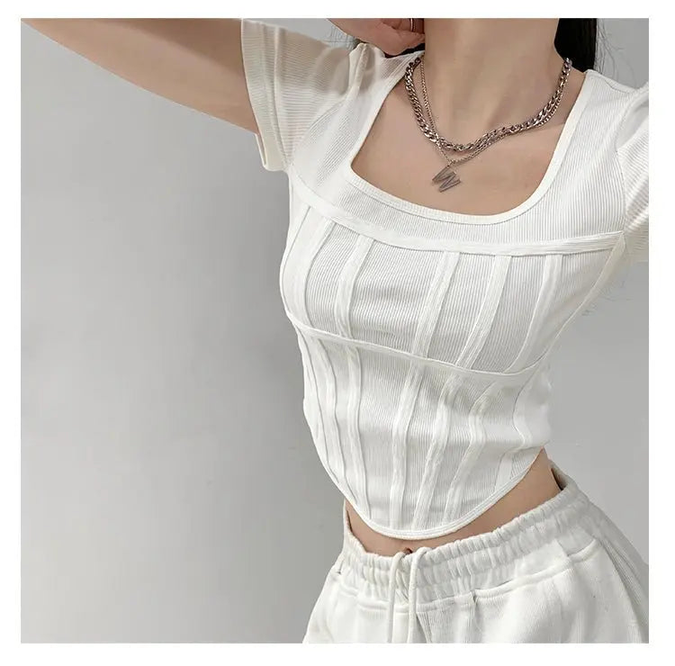 Summer Bright Line White T-shirt Women Slim Square Neck Short Sleeve Cropped Tops Female - Blade & Thread