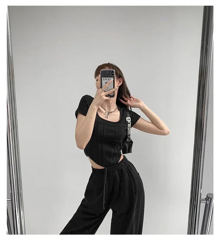 Summer Bright Line White T-shirt Women Slim Square Neck Short Sleeve Cropped Tops Female nowadaysfashion