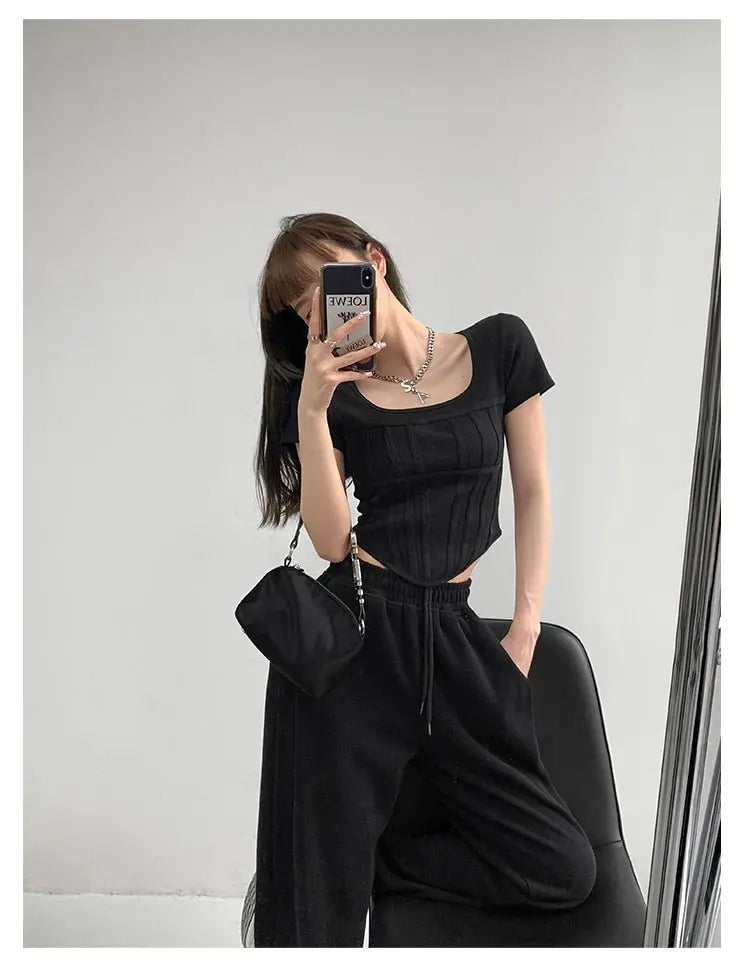 Summer Bright Line White T-shirt Women Slim Square Neck Short Sleeve Cropped Tops Female - Blade & Thread