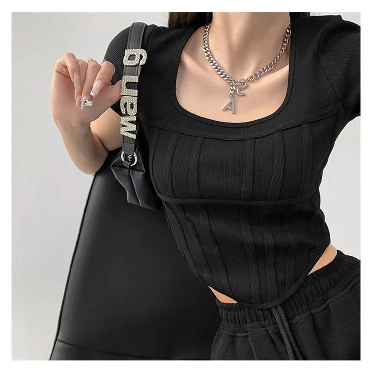 Summer Bright Line White T-shirt Women Slim Square Neck Short Sleeve Cropped Tops Female nowadaysfashion