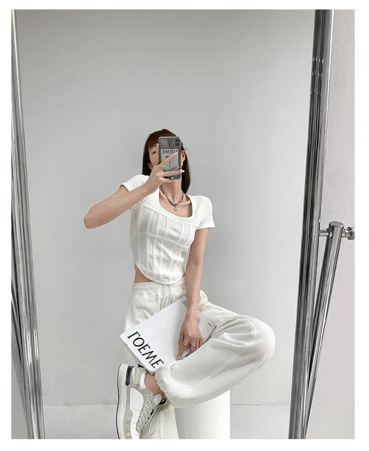 Summer Bright Line White T-shirt Women Slim Square Neck Short Sleeve Cropped Tops Female - Blade & Thread