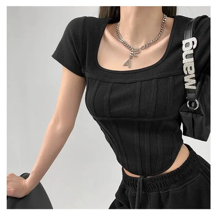 Summer Bright Line White T-shirt Women Slim Square Neck Short Sleeve Cropped Tops Female nowadaysfashion