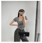 Summer Bright Line White T-shirt Women Slim Square Neck Short Sleeve Cropped Tops Female nowadaysfashion