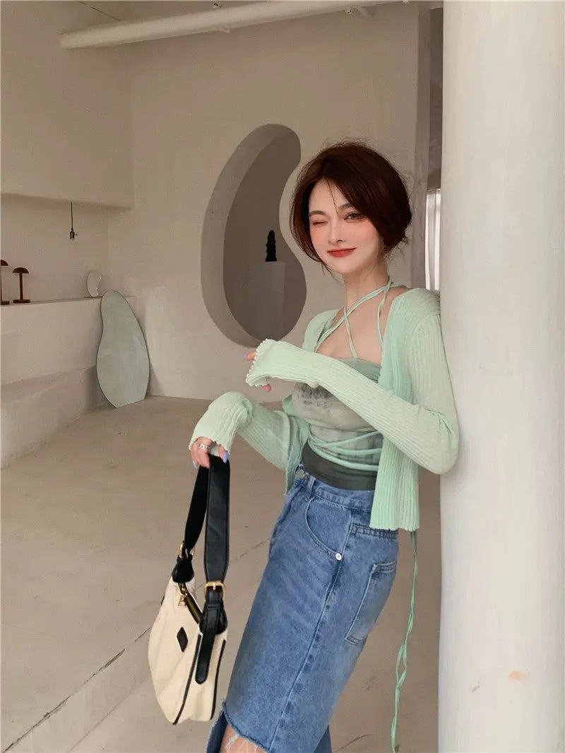 Summer Cardigan Two Piece Sets Women Fashion Slim Green Tie-dye Tops+See Through Thin Knitted - Blade & Thread