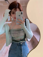 Summer Cardigan Two Piece Sets Women Fashion Slim Green Tie-dye Tops+See Through Thin Knitted nowadaysfashion